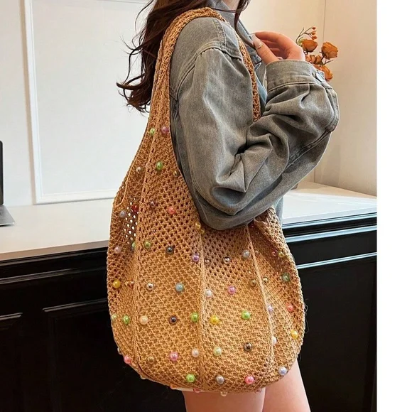 Boho Tan Crochet Multicolor Faux Pearl Shoulder Tote Bag - Picture 4 of 5